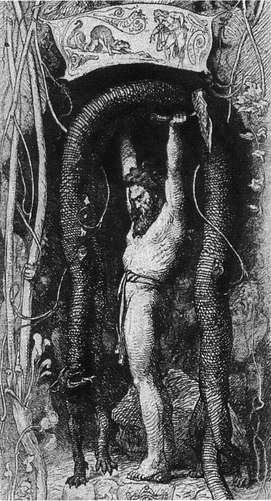 Thor straining to lift Útgarða-Loki's cat, which is the Midgard Serpent in disguise