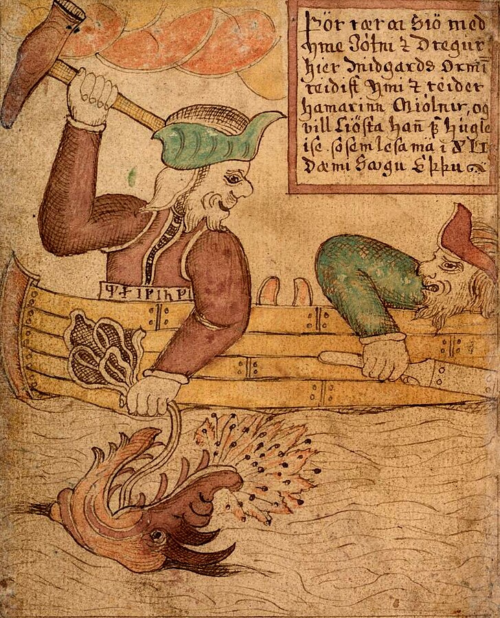 Icelandic manuscript image: Thor plants his feet through the boat as he heaves on the fishing line; the serpent's head rises from the waves.