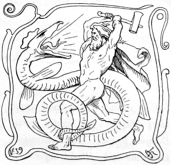 Thor raises his hammer against the Midgard Serpent thrashing out of the sea during the last battle.