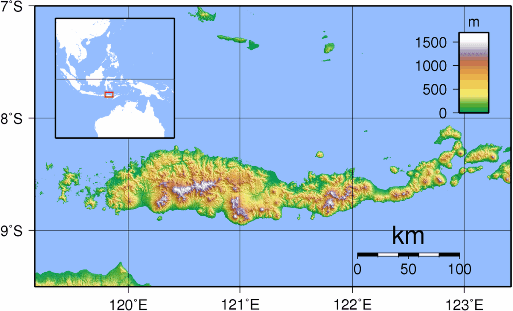 Topographic map of Flores with rugged interior and cave-rich limestone areas highlighted.