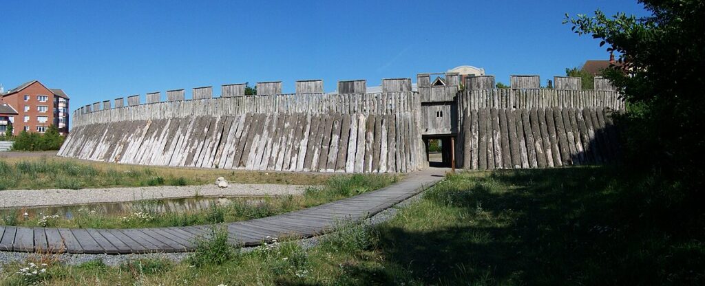 Trelleborg Viking ring fortress: reconstructed walls and earthworks in strict order, reflecting the discipline behind shield-wall warfare.