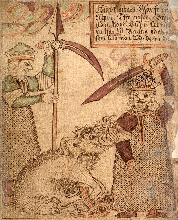 Illustration of Tyr placing his hand in Fenrir's mouth as the other gods bind the wolf