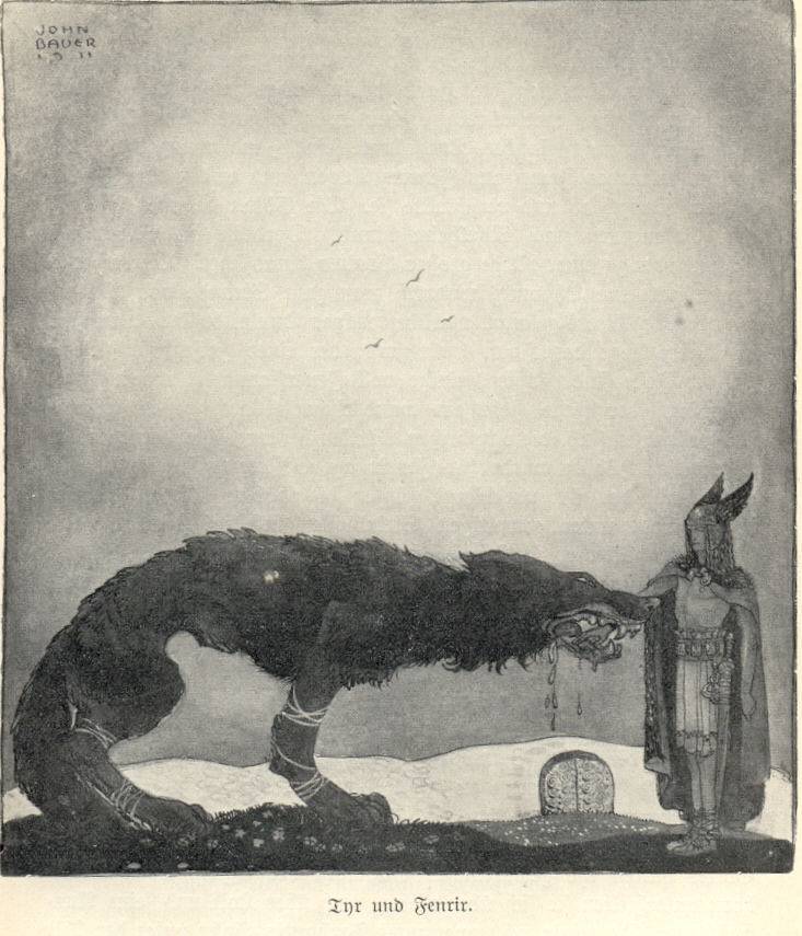Tyr places his hand in Fenrir's mouth while the gods prepare the binding; the wolf's eyes watch, wary and tense.