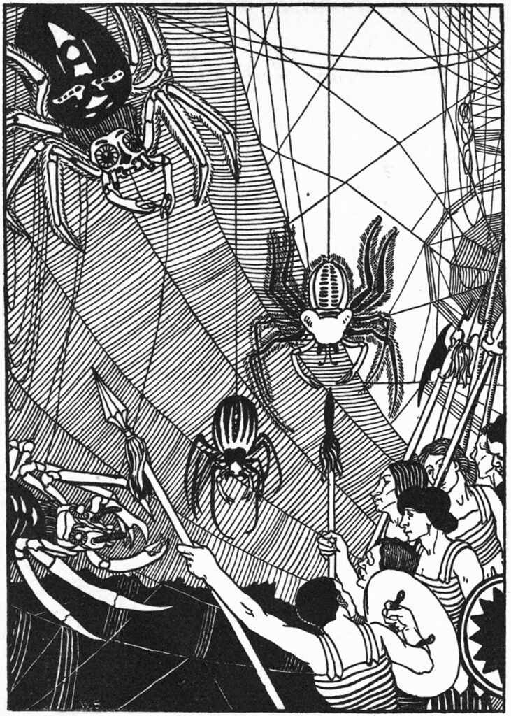 Black-and-white illustration of colossal spiders spinning a web between celestial bodies while soldiers gather on the strands.