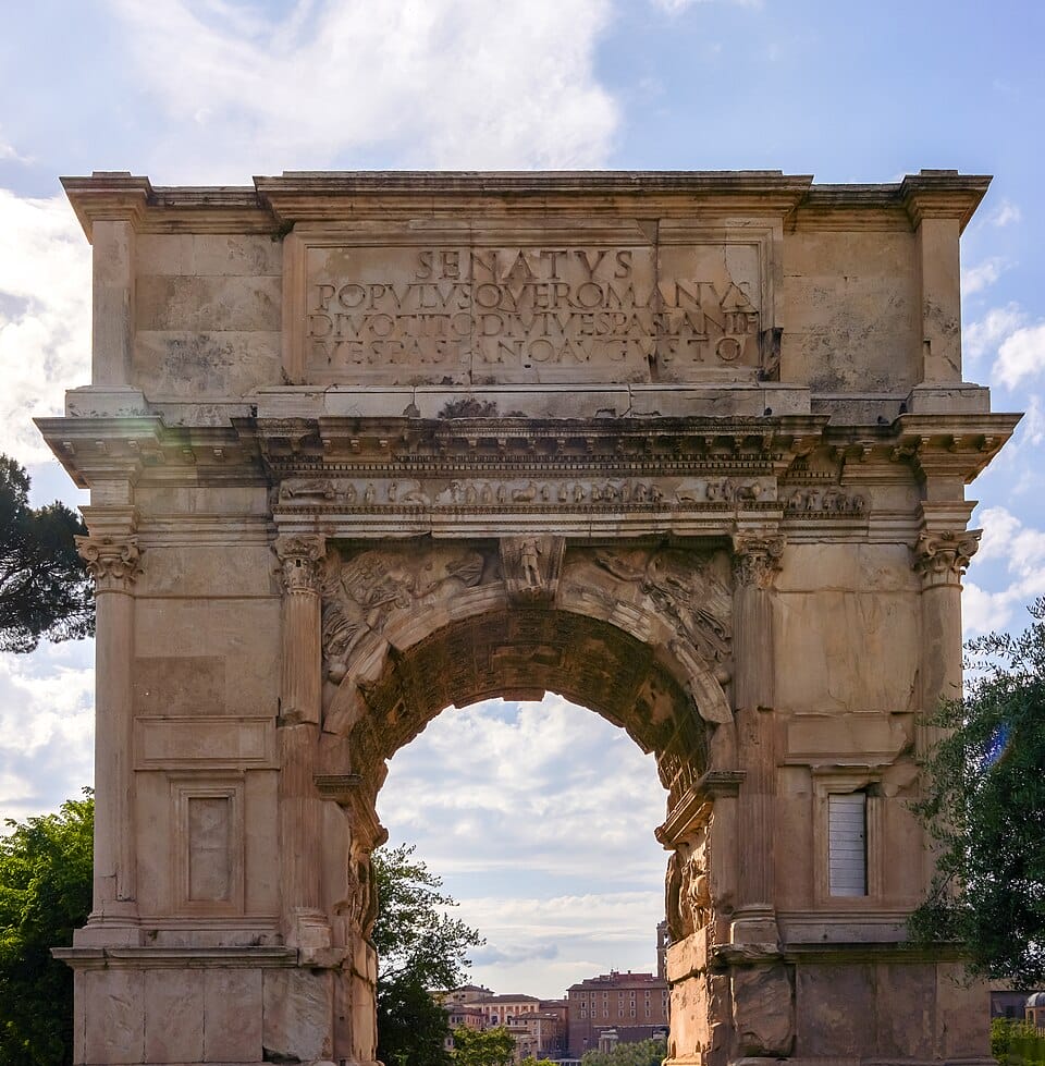 Arch of Titus with relief sculptures commemorating the siege of Jerusalem in 70 AD