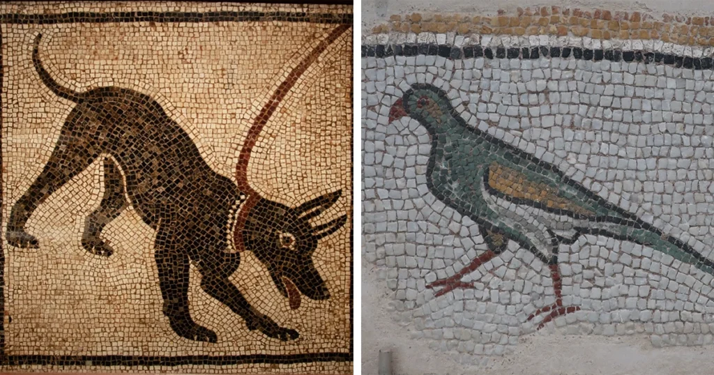 Ancient Roman pets shown through dogs, birds, monkeys, and cats in domestic and funerary art